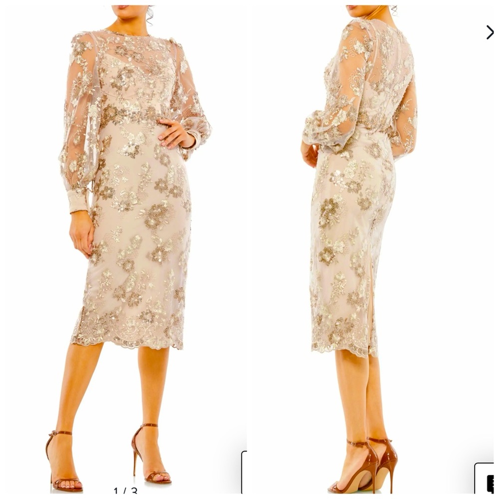 Mac Duggal EMBELLISHED HIGH NECK ILLUSION LONG SLEEVE MIDI DRESS